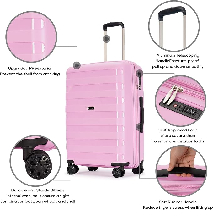 GinzaTravel PP material 3-piece expandable luggage sets with Spinner Wheels， Suitcase with TSA Lock，Large Luggage for Family Travel carry on 20/24/28，Light pink color - Image 9