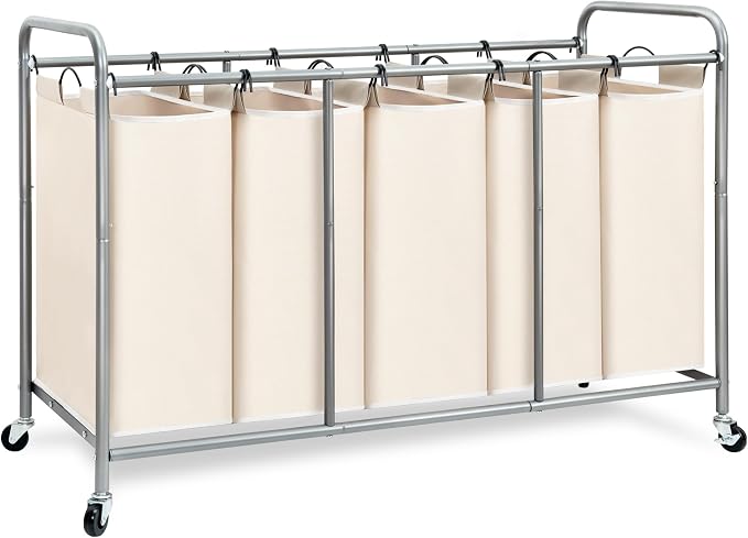 STORAGE MANIAC 5 Section Laundry Sorter, 5 Bins Rolling Separator Laundry Basket, Dirty Clothes Hamper Divider with Heavy Duty Lockable Wheels, Large Clothes Organizer Cart, Beige by STORAGEMANIAC