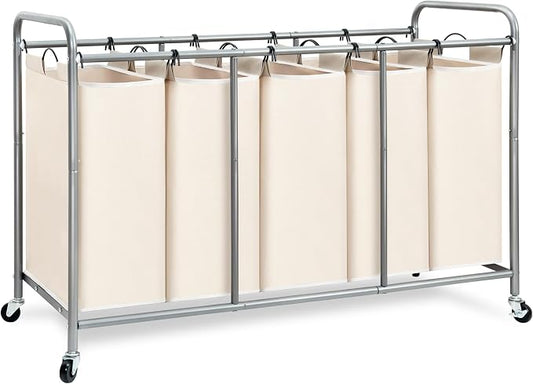 STORAGE MANIAC 5 Section Laundry Sorter, 5 Bins Rolling Separator Laundry Basket, Dirty Clothes Hamper Divider with Heavy Duty Lockable Wheels, Large Clothes Organizer Cart, Beige by STORAGEMANIAC