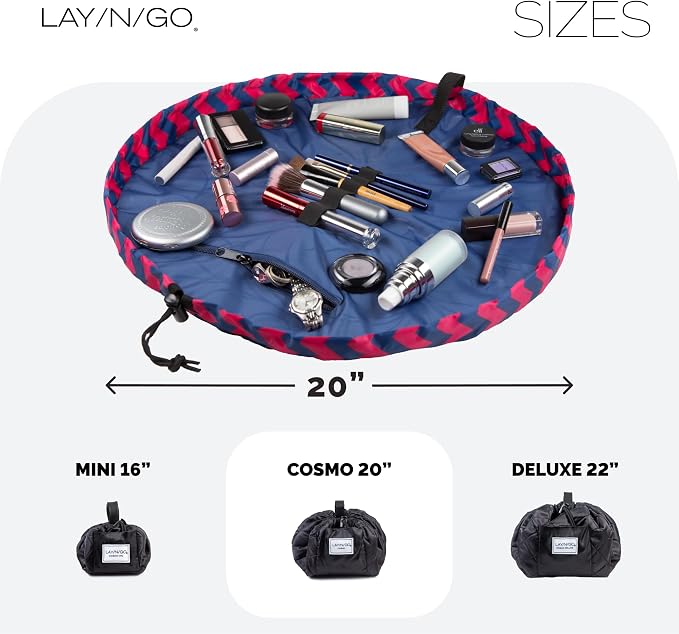 Lay-n-Go Cosmo Drawstring Cosmetic & Makeup Bag Organizer - Portable Drawstring Makeup Bag w/Zipper Pocket, Makeup Loops & More - Durable, Machine Washable Toiletry Bag (20", Pink Chevron) - Image 5