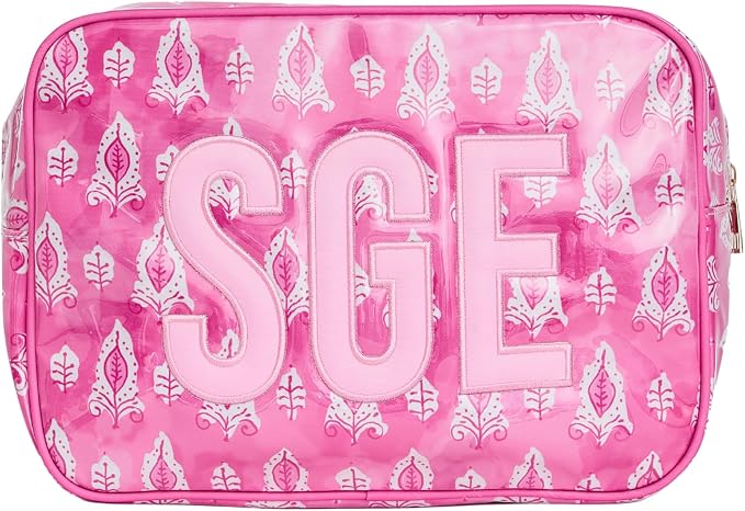 Personalized Clear Coated Pouch - Medium or Large Toiletry Bag with Embroidered or Applique Monogram, Custom Makeup or Travel Organizer, Easy-Clean Cosmetic Bag, Travel Gift for Women (Pink Lotus, XL) by Sprinkled+With+Pink