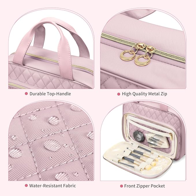 MDODO Travel Toiletry Bag for Women Hanging Cosmetic Organizer with Brush Compartment Makeup Bag for Full Sized Travel Essentials, Pinkish Purple - Image 7