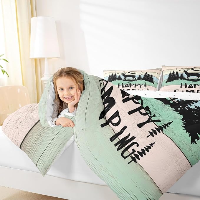 Camper Decor Quilt Bedding For Full Rustic Farmhouse Camping Comforter Set Woodland Animal Deer Rv accessories Bedding Sets Gifts For Teen Boys Girls Black Green Wooden Board Bunks Decor 2 Pillowcases - Image 6