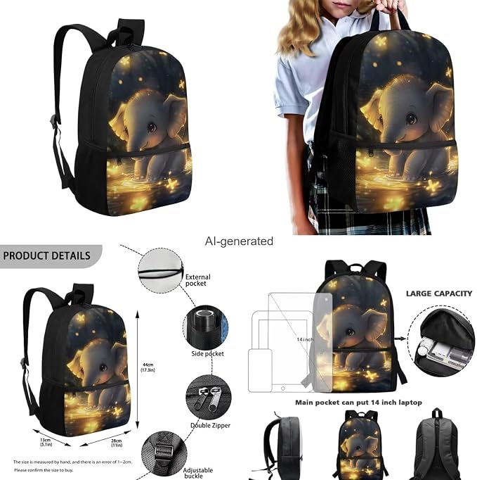 Cute Elephant Backpack for Kids Girls Backpack with Lunch Box Water Bottle Carrier and Zipper Pencil Case 4PCS Set Sturdy Bookbag with Front Pocket 17 inch Lightweight Elementary School Bag - Image 3