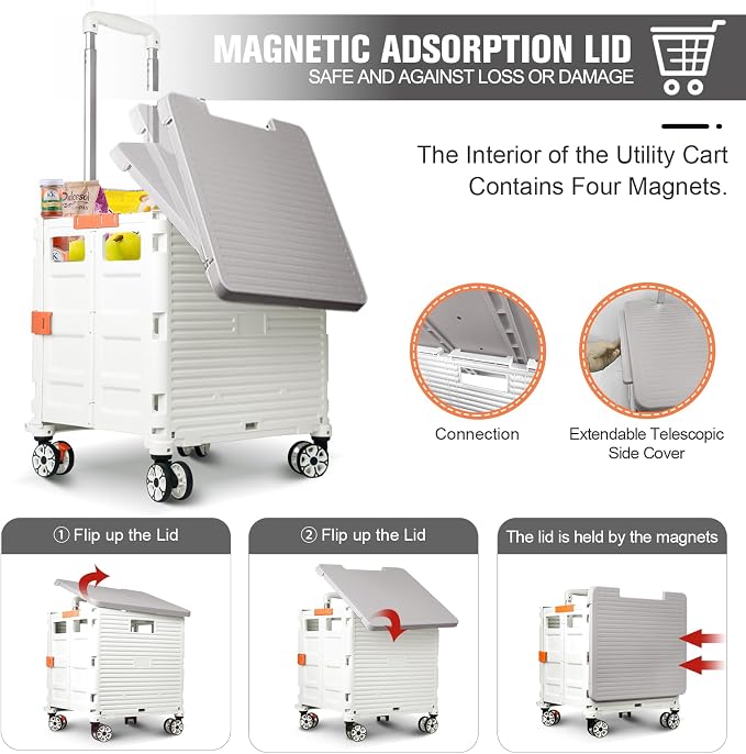 FELICON SELORSS Folding Utility Cart Portable Rolling Crate Handcart-White | Magnetic Sliding Lid,Telescoping Handle,Plastic Box Dolly,360°Swivel Wheels for Travel Shop Move Laundry Office Teacher Use - Image 2