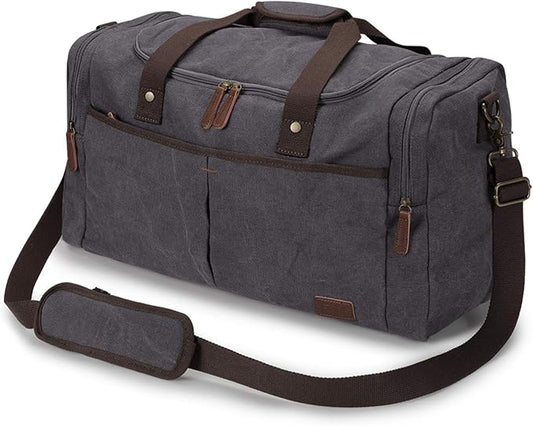S-ZONE 65L Expandable Canvas Duffle Bag Travel Overnight Holdall Weekend Bag with Shoes Compartment Large Carry On Bag Tote Gym Bag for Men Women, Grey, L | Cotton Canvas, 45L Large Size, Shoes Compartment,Multi-Pocket, Removable Shoulder strap for Gym... by S-ZONE