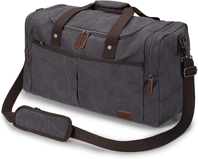 S-ZONE Canvas Duffel Bag for Travel 65L Weekender Overnight Travel Bags with Shoes Compartment for Men | Water-resistant, X-Large Size, Multi-Pockets, Removable Shoulder Strap, for Gym or Travel, Grey by S-ZONE