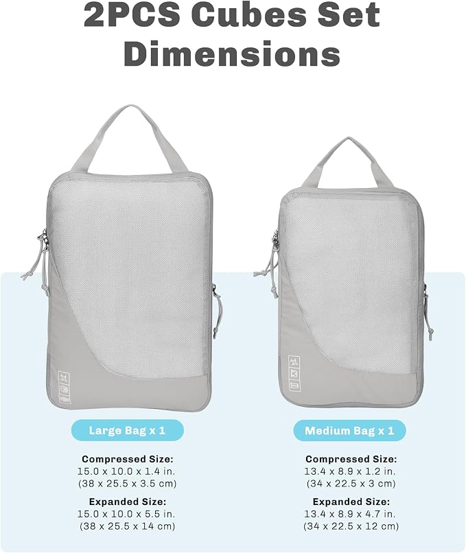 Hynes Eagle 6 Set/ 4 Set/ 2 Set Compression Packing Cubes Travel Essentials Lightweight Nylon Luggage Suitcase Organizer Bag Light Grey 2PCS - Image 2