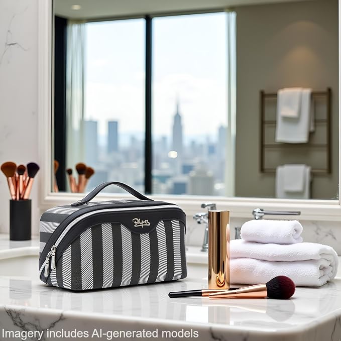 BOYATU Travel Makeup Bag Cosmetic Bag for Women: 3 Pcs Set Striped Make up Bag with Compartments - Waterproof Vegan Leather Toiletry Bag with Handle - Makeup Organizer for Travel Essentials(A-4-Black) - Image 8