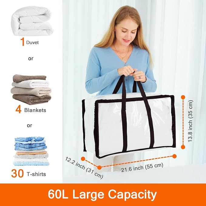 Vieshful 5 Pack Clear Comforter Storage Bag, 60L Clothes Storage Bag with Zipper Closet Organizer, Plastic Storage Containers Moving bags for Comforter, Blanket, Bedding, Duvet, Toys - Image 2