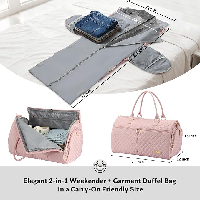 STOVER Women’s Convertible Garment Duffel Bag for Travel – 2-in-1 Carry-On Weekender/Overnight Tote - Wrinkle-Free Dresses, Suits & Clothes + Shoe Compartment & Bonus Toiletry Bag (Blush Pink) - Image 2