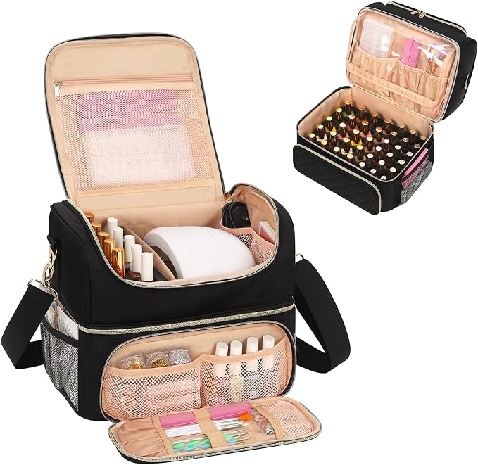 CUBETASTIC Nail Polish Organizer & Storage Bag for 48 Bottles & Full-Size Lamp, Double-Layer Travel Case Box for Nail Supplies, Manicure Kit & Pedicure Tools (Black, 48 Slots) by CUBETASTIC