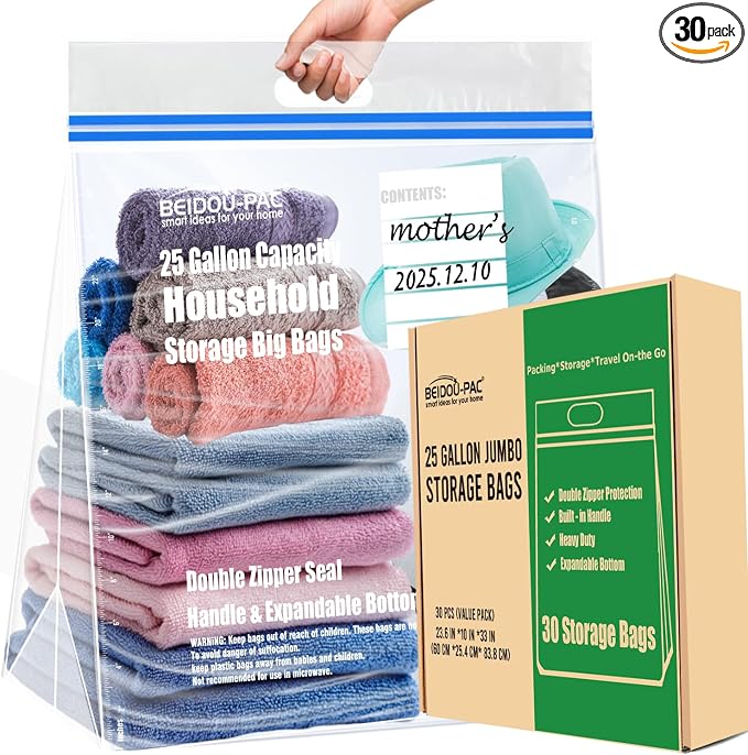 BEIDOU-PAC 25 Gallon Jumbo Storage Bags with Handle, 30 Counts | Double Zipper Seal | Expandable Bottom, Resealable Clear zip Bags for Home Travel, Moving, Commercial and Outdoor by BEIDOU-PAC