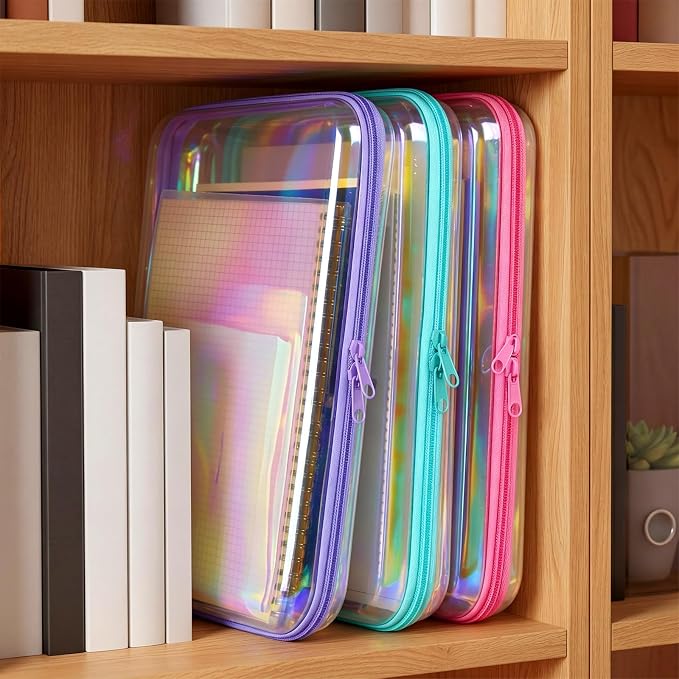 Sanwuta 6 Pcs Clear Hard Zipper Case Plastic Zipper Pouches Transparent Makeup Bag Pencil Case Pouches Toiletry Diaper Bag for Travel Toy Storage Organizer Bins(Holographic,12.6 x 9 x 2 Inch) - Image 5