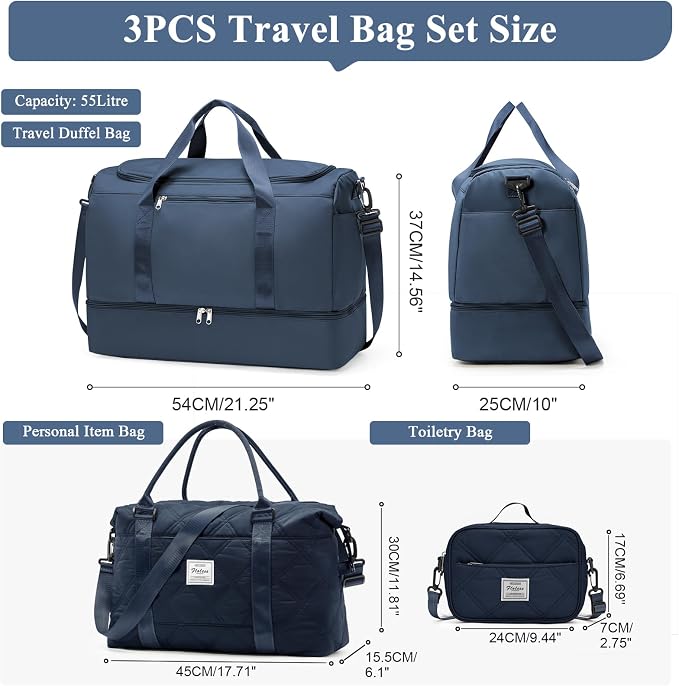 Extra Large Travel Duffle Bag,Carry on Overnight Bag with Shoes Compartment,Weekender Bags for Women for Travel Business Trips Sport Hospital,3 Pcs Set,Dark Blue - Image 4