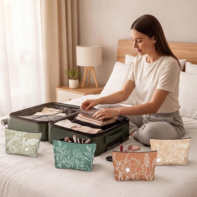 Sweetude 12 Pcs Boho Line Flowers Makeup Bag Bulk Boho Gifts Portable Travel Cosmetic Bags with Zipper Retro Floral Waterproof Portable Roomy Travel Toiletry Organizer Storage Beauty Pouch for Women - Image 5