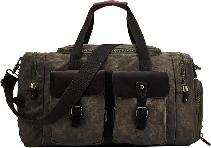 Waxed Canvas Duffel Bag with Shoe Compartment | Waxed Canvas Travel Bag for Men, Genuine Leather Trim, Shoe Compartment, Front Pockets, Weekend, Overnight and Carry-On Use by BRASSTACKSLeathercraft