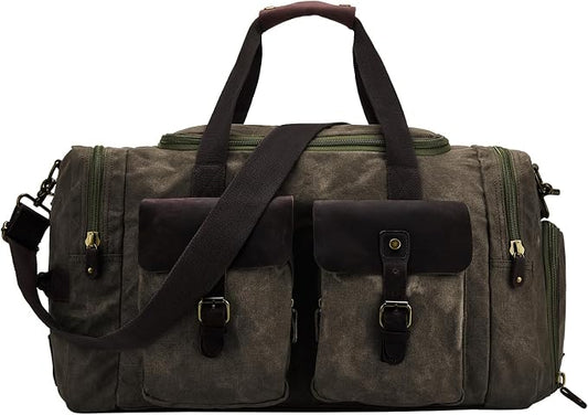 Waxed Canvas Duffel Bag with Shoe Compartment | Waxed Canvas Travel Bag for Men, Genuine Leather Trim, Shoe Compartment, Front Pockets, Weekend, Overnight and Carry-On Use by BRASSTACKSLeathercraft