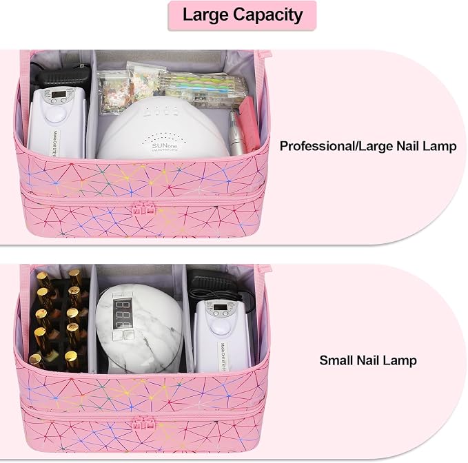 Ethereal Nail Polish Organizer Case Holds 50+ Bottles (5ml/0.5fl.oz) and Nail Lamp, Leather Nails Storage Organizer with Compartment, Diamond Pink - Image 3