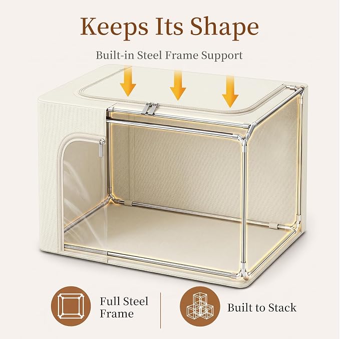 GoMaihe 3 Opening Clothes Storage Bins with Metal Frame, 40L Sweater Storage Organizer for Upper Shelf Closet Storage Boxes with Clear Window for Hoodies Jeans Towel 6-Pack Beige - Image 4