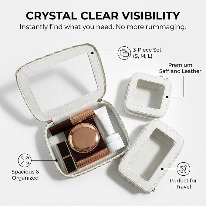 Makeup Bag | Transparent Toiletry Bag | Portable Waterproof Makeup Storage Bag | Travel-Specific Skincare Storage Bag | 2 Sets, L+M+MINI (White+Black) - Image 3