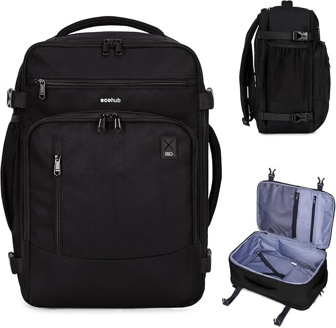 ECOHUB 19" Large Travel Backpack, Carry on Luggage Airline Approved, Water Resistant Rucksacks Fit 15.6" Laptop, AirTag Pocket, Lightweight Casual Daypack, 34L, Black by ECOHUB