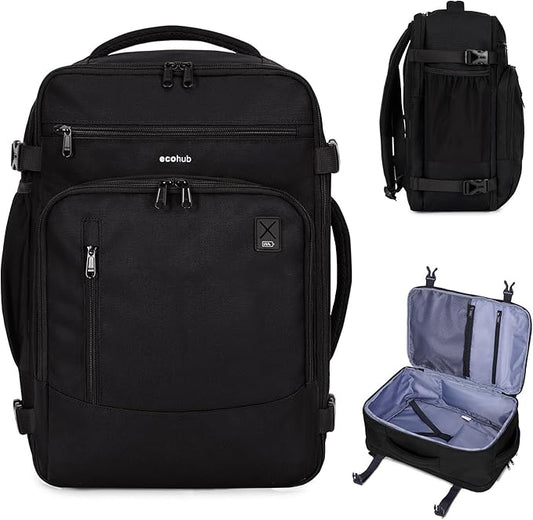 ECOHUB 19" Large Travel Backpack, Carry on Luggage Airline Approved, Water Resistant Rucksacks Fit 15.6" Laptop, AirTag Pocket, Lightweight Casual Daypack, 34L, Black by ECOHUB