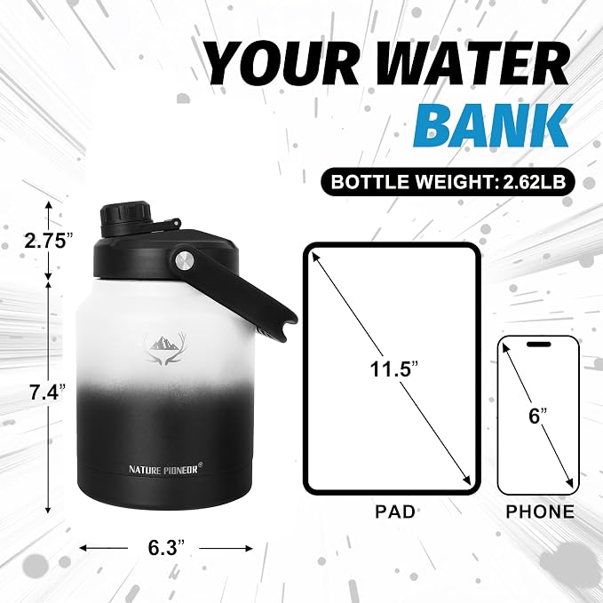 NATURE PIONEOR 84 oz Insulated Water Bottle Jug with Carrier Bag | 18/8 Food-grade Stainless Steel, Double Vacuum Insulation, Wide-Mouth, Straw & Spout Lid, Strap, Camping, Hiking, Gym, Work - Image 2