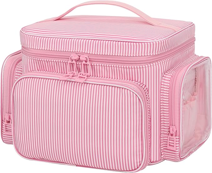 Large Makeup Bag, Portable Travel Makeup Bag Organizer for Women Girls with Makeup Brush Compartment & Two Side Pockets, Cosmetic Travel Bag Vertical Storage Toiletry Bag - Pink Stripe - Image 8