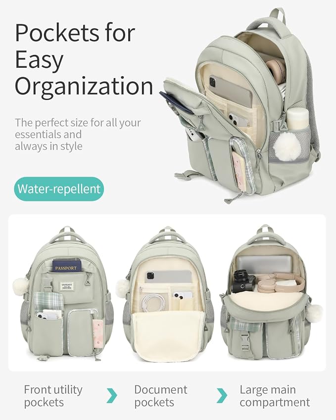 School Backpack for Teen Girls, Big Student Laptop Backpack Aesthetic Bookbags for College Women Elementary Middle High School Travel Mochilas Escolares, Light Green - Image 2
