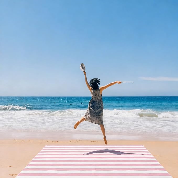 Beach Blanket Waterproof Sandproof, Large 78''×86'' Picnic Blankets for 2-4 Adults with Stakes, Sand Free Compact Pocket Beach Mat, Beach Essentials Necessities Accessories Must Haves-Pink Stripe - Image 2
