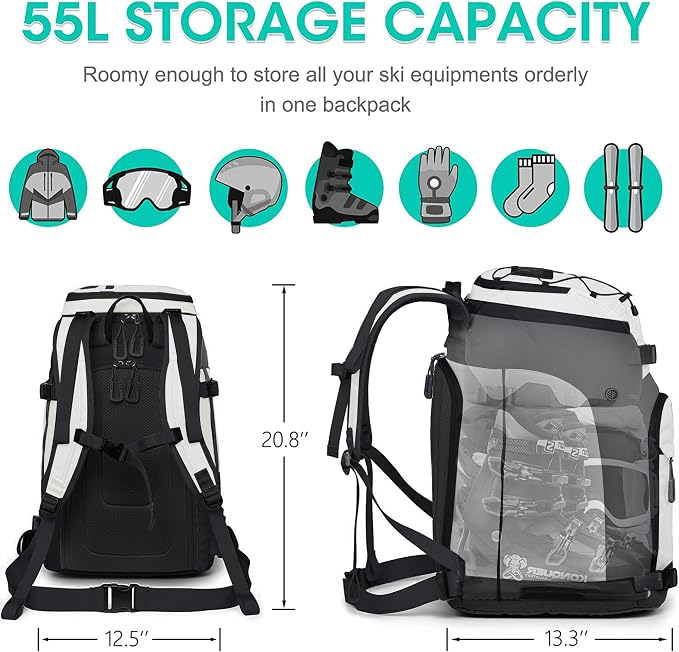 Ski Boot Bag, 55L/70L Waterproof Ski and Snowboard Boots Travel Backpack for Skis, Snowboard, Ski Helmet, Goggles, Gloves & Accessories - Image 2