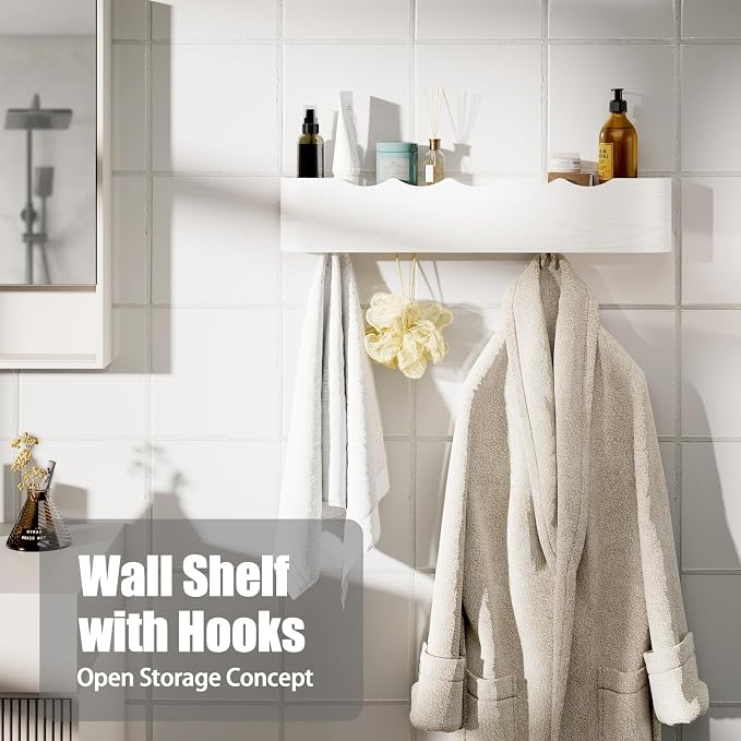 Coat Rack Wall Mount with Shelf 5 Hidden Hooks Modern Wooden Key Holder Entryway Organizer for Hallway Bedroom Bathroom Home Decor Storage for Hanging Coats Hats Bags Towels, Wave-Shape White - Image 6