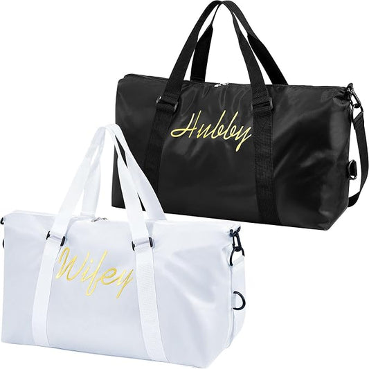 Sanwuta 2 Pcs Mr Mrs Duffel Travel Bag Set Wedding Honeymoon Gift for Bride Groom Weekender Gym Tote Bridal Shower Gifts(Wifey Hubby) by Sanwuta