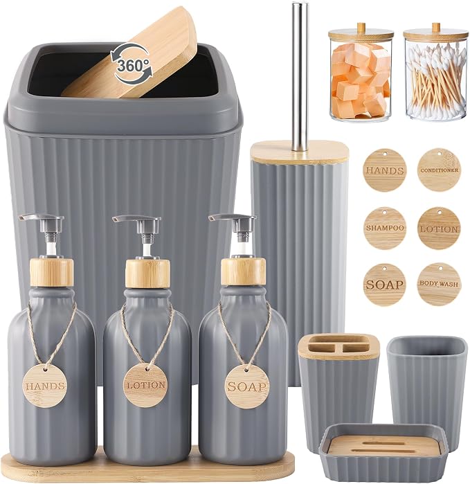 Grey Bathroom Accessories Set 17PCS Bathroom Set with Trash Can 3PCS Lotion Soap Dispenser, Toothbrush Holder, Soap Dish,Tumbler Cup,6PCS Wood Tags Bath Accessories with Tray for Bathroom by BetterbathroomwithXLHOME