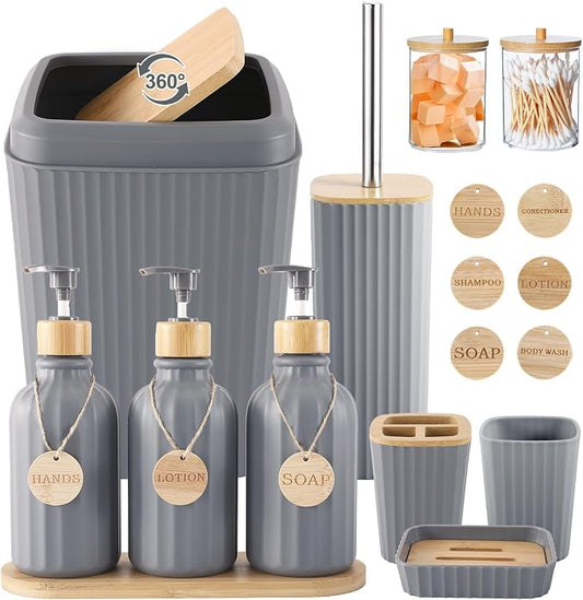 Grey Bathroom Accessories Set 17PCS Bathroom Set with Trash Can 3PCS Lotion Soap Dispenser, Toothbrush Holder, Soap Dish,Tumbler Cup,6PCS Wood Tags Bath Accessories with Tray for Bathroom by BetterbathroomwithXLHOME