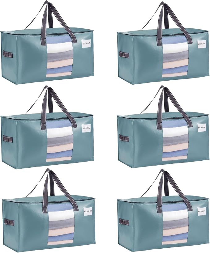 VENO 6 Pack Heavy Duty Moving Bags, Clothes and Comforter Storage Bags with Clear Window, College Dorm Essentials Packing Supplies, Foldable Boxes Alternative (Shiny Light Blue, 6 Pack) by Veno