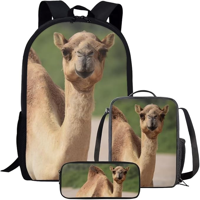 Girls Boys School Backpack with Lunch Box Pencil Case Comfy Padded Lightweight Camel Backpack Set Kids Cute Bookbag Insulated Lunch Bag Student Large Capacity Daypack 17 Inch by Parprinty