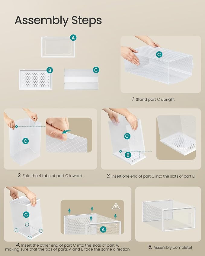 SONGMICS Shoe Boxes, Pack of 15 Shoe Storage Organizers, Stackable Clear Plastic Boxes for Closet, Sneakers, 13.1 x 9.1 x 5.6 Inches, Transparent and White ULSP015W02 - Image 7