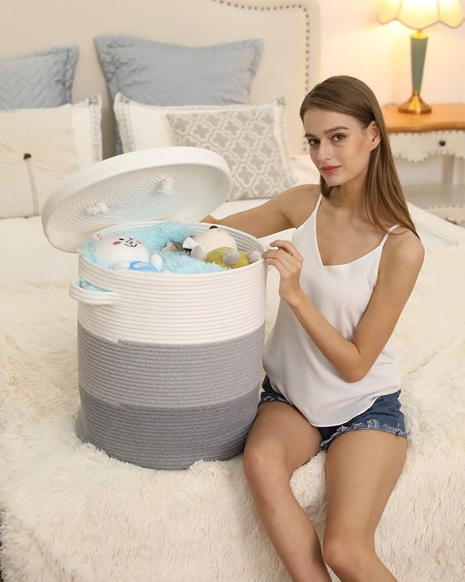 16x18 Inch Extra Large Round Cotton Rope Storage Basket with Lid, Decorative Woven Bin with Cover for Living Room Bedroom Closet, Light Grey & Grey - Image 7