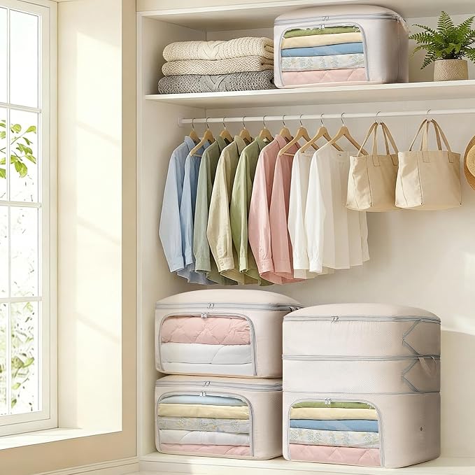 Comforter Storage Bag - Large Capacity Blanket Storage Bags Front-opening Ultra Space Saving Self Compression Organizer, Washable Compression Bags for Storage Comforter Blanket, 1 Pack, Beige - Image 5