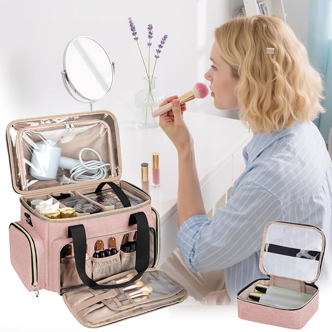 GDNasist Large Makeup Bag, Portable Travel Makeup Bag Organizer for Women Girls with 2 Removable Pouches & Detachable Dividers, Cosmetic Travel Bag, Toiletry Bag for Makeup and Hair Supplies Pink - Image 6