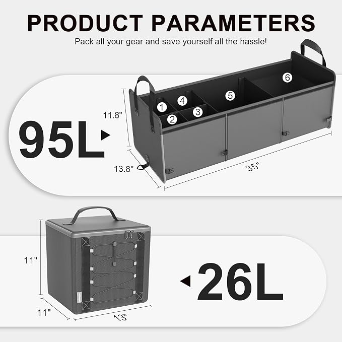 SugarFox Bold Color Block Trunk Organizer | 95L, 35"x13.8"x11.8" | Dedicated Shoe Storage & 26L Ice Pack | Foldable for SUV/Car/Jeep | Car Accessories for Men & Women - Gray-X212 - Image 6