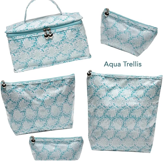 Jacaranda Living Large Cosmetic Bag - Water-Resistant, PVC-Lined - Aqua Trellis - Image 10