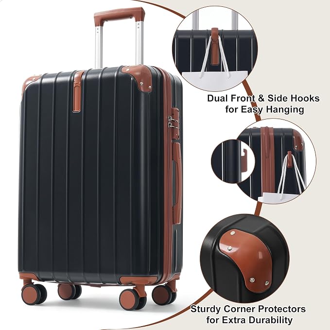 Hardside Luggage Sets, Lightweight Stripes Suitcase with Spinner Wheels, Black - Image 3