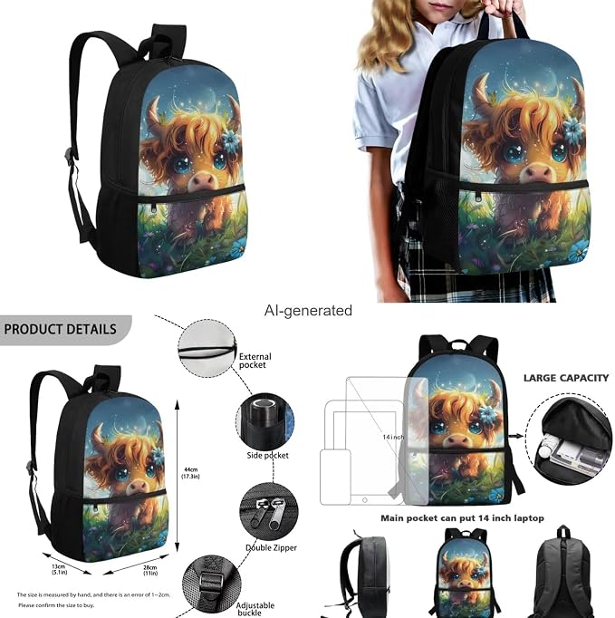 Highland Cow Backpack for Girls Kids Backpack with Lunch Box Water Bottle Carrier and Cute Pencil Case 4PCS Set Bookbag with Front Pocket 17 inch Large Capacity School Bag for Elementary Girls - Image 3