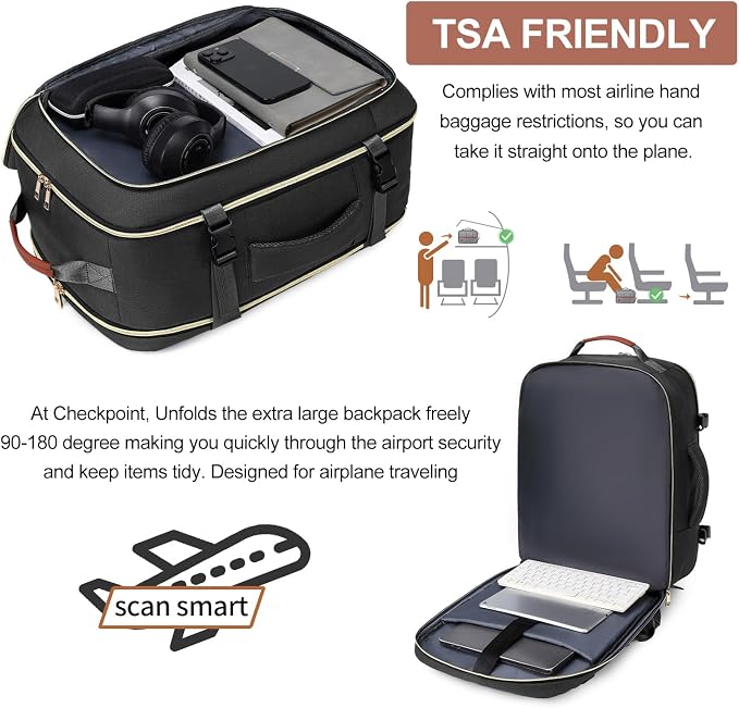 40L Travel Laptop Backpack for Women & Men, Airline Approved Carry On Luggage Overnight Bags, Waterproof Personal Item Bag, Weekender Essentials Backpacks Vacuum Backpack Black - Image 8