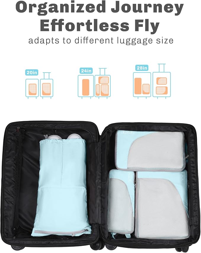 Hynes Eagle 6 Set/ 4 Set/ 2 Set Compression Packing Cubes Travel Essentials Lightweight Nylon Luggage Suitcase Organizer Bag Light Blue 4PCS - Image 3