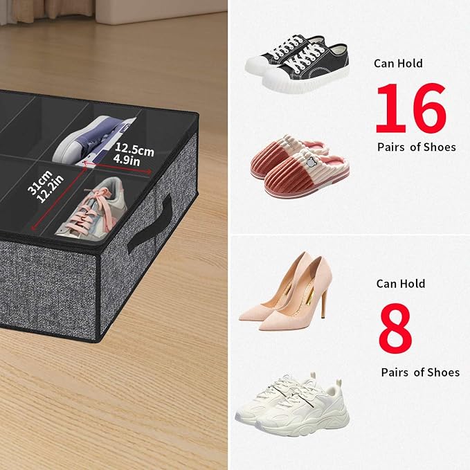 Onlyeasy Sturdy Under Bed Shoe Storage Organizer with Handles and Clear Window Fit 16 to 32 Pairs, Premium Foldable Shoes Container Box for Closet, 37.7x 23.6x 5.9 inch, Cotton-like Black, MXBUBS16P2 - Image 7