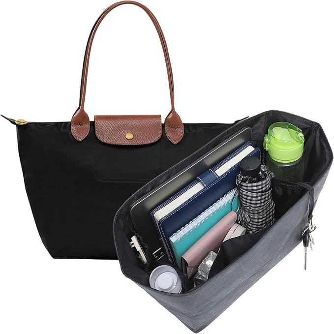 Doxo Purse Organizer Insert for Longchamp Le Pliage Medium, 6-Compartment Bag Organizer with YKK Zipper Pocket, Cup Holder, Key Chain, Waterproof DupontPaper Lightweight Handbag Shaper (Black,M) by Doxo